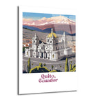 Quito, Ekvador'un ikonik La Basílica del Voto Nacional Katedrali'nin ve çevresindeki şehrin, arka planda karla kaplı dağların ve bulutların olduğu, canlı renklerde çizim stilinde bir cam tablo.