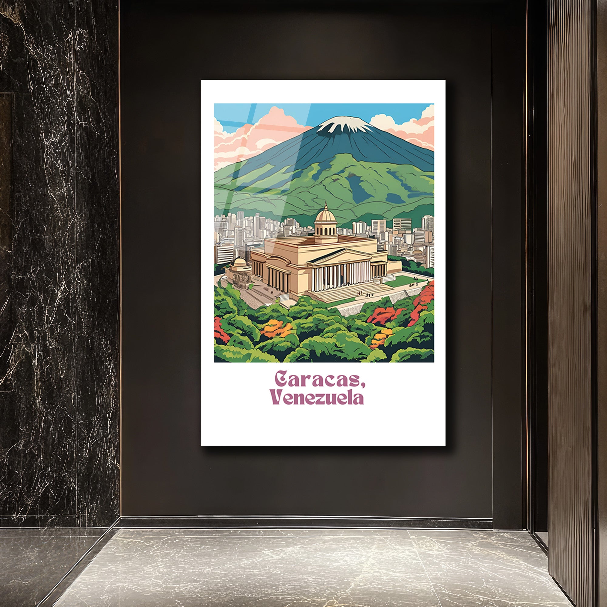 Vintage Caracas Venezuela Şehir ve Dağ Manzarası Cam Tablo