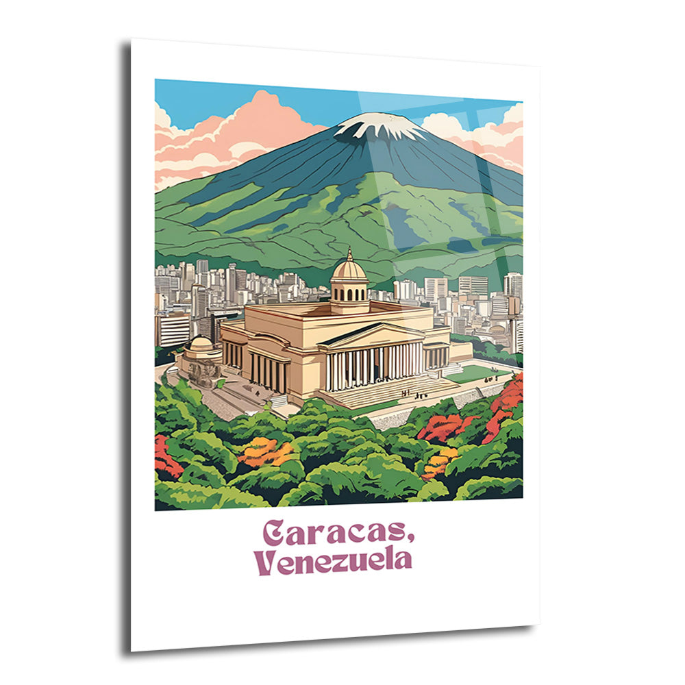 Vintage tarzda çizilmiş, Caracas Venezuela'nın ikonik bir binasını, şehir siluetini ve karlı dağını gösteren cam tablo.
