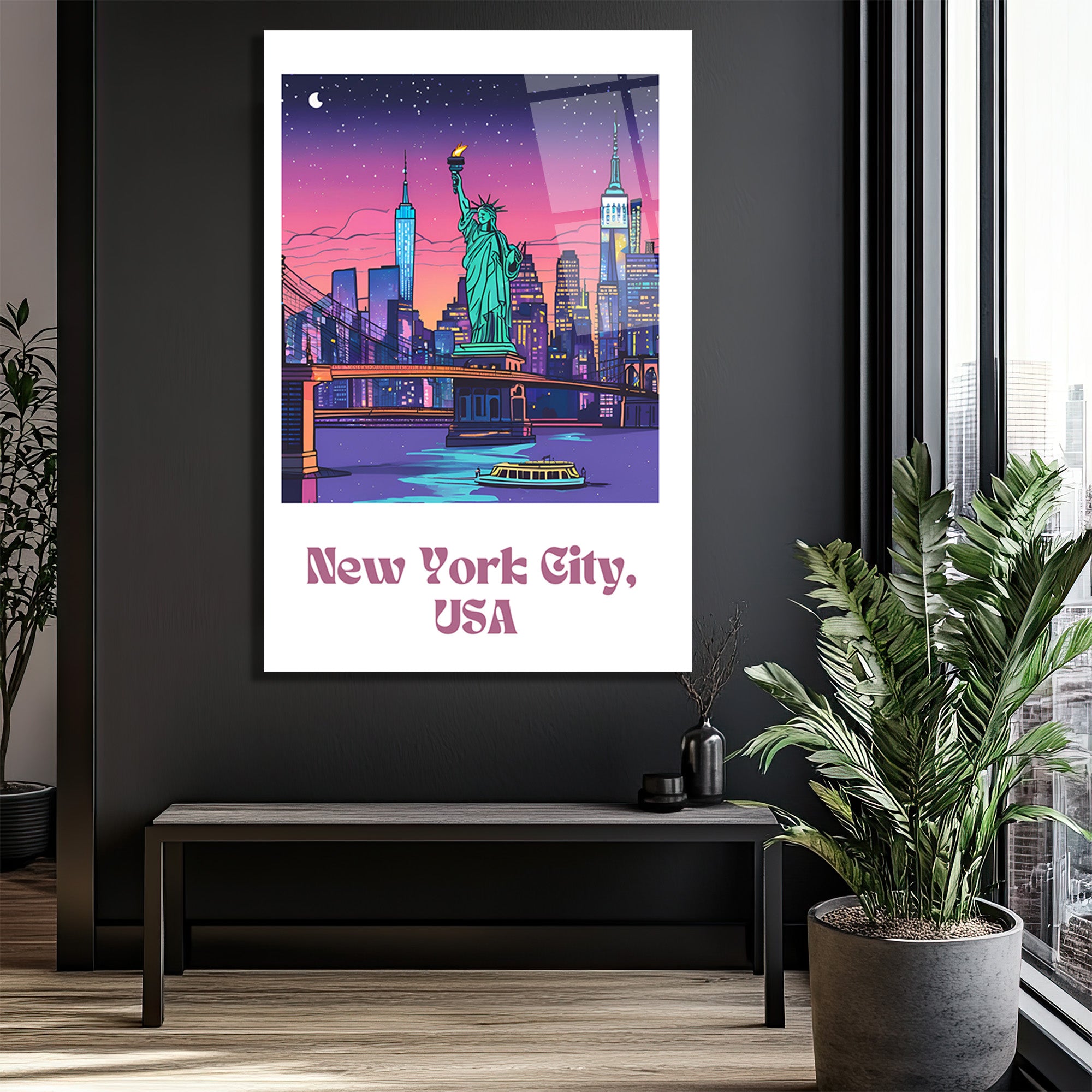 New York Şehir Manzarası Cam Tablo: Neon Işıklar ve Özgürlük Heykeli