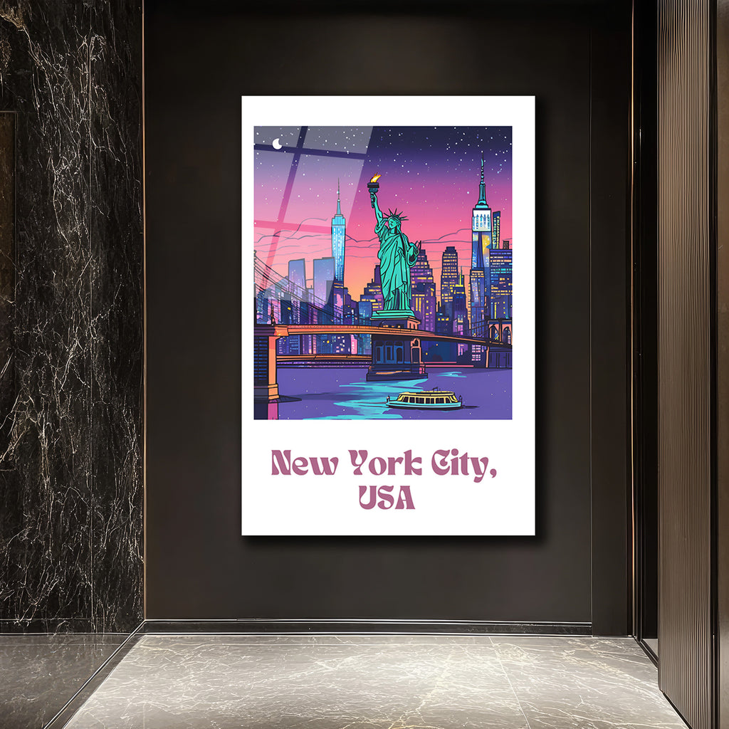 New York Şehir Manzarası Cam Tablo: Neon Işıklar ve Özgürlük Heykeli