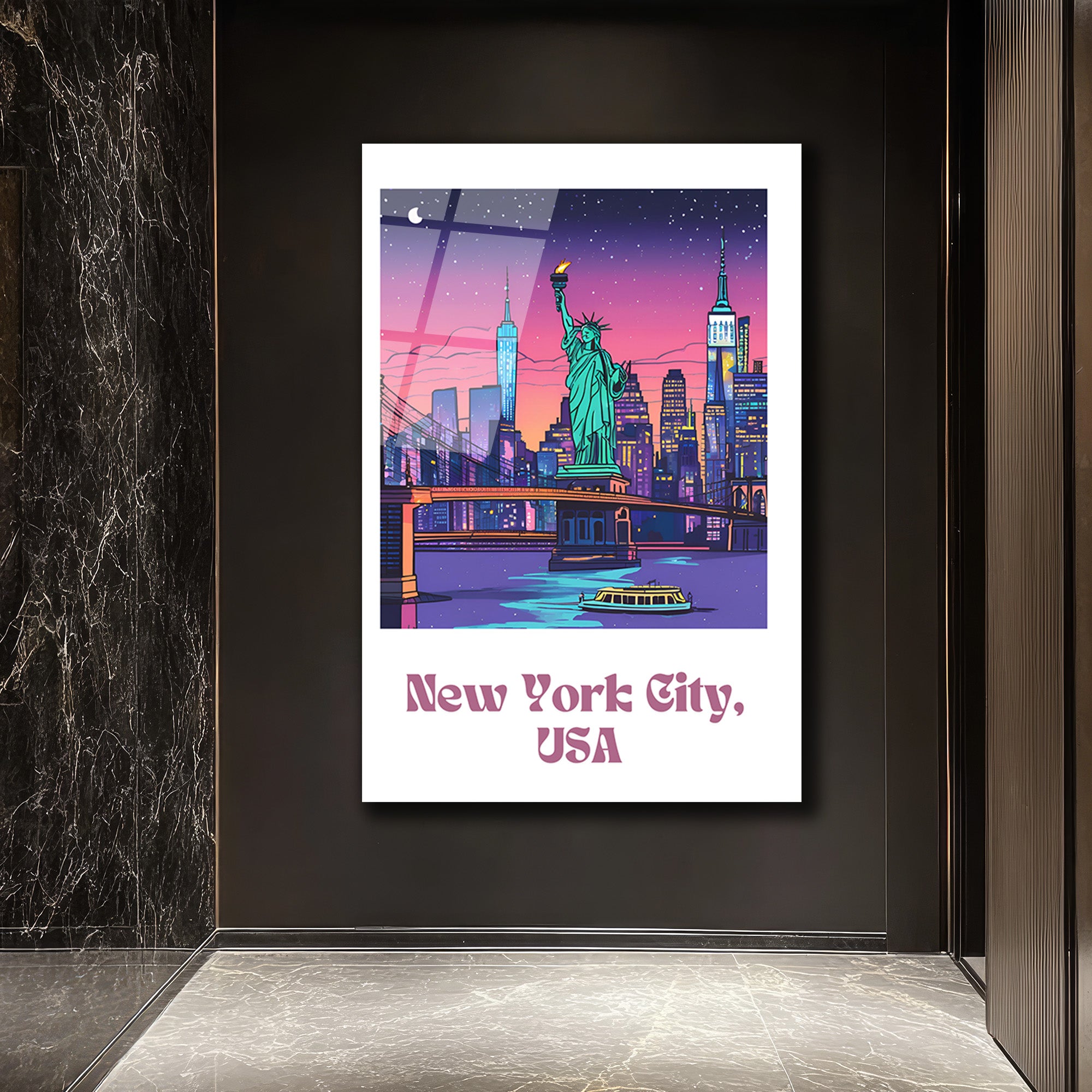 New York Şehir Manzarası Cam Tablo: Neon Işıklar ve Özgürlük Heykeli