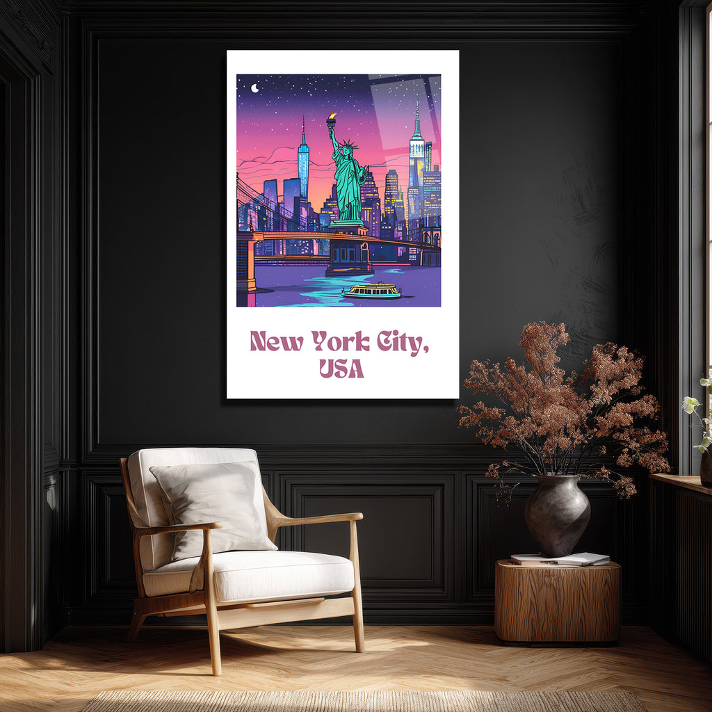 New York Şehir Manzarası Cam Tablo: Neon Işıklar ve Özgürlük Heykeli