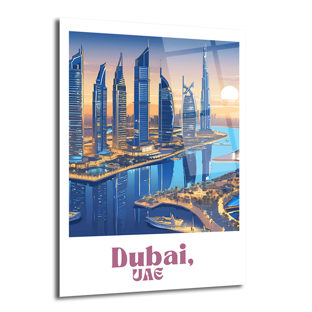 Dubai'nin modern gökdelenlerinin gün batımında suya yansıdığı, lüks yatların bulunduğu, canlı mavi ve turuncu tonlarında, stilize edilmiş bir şehir manzarası cam tablo.