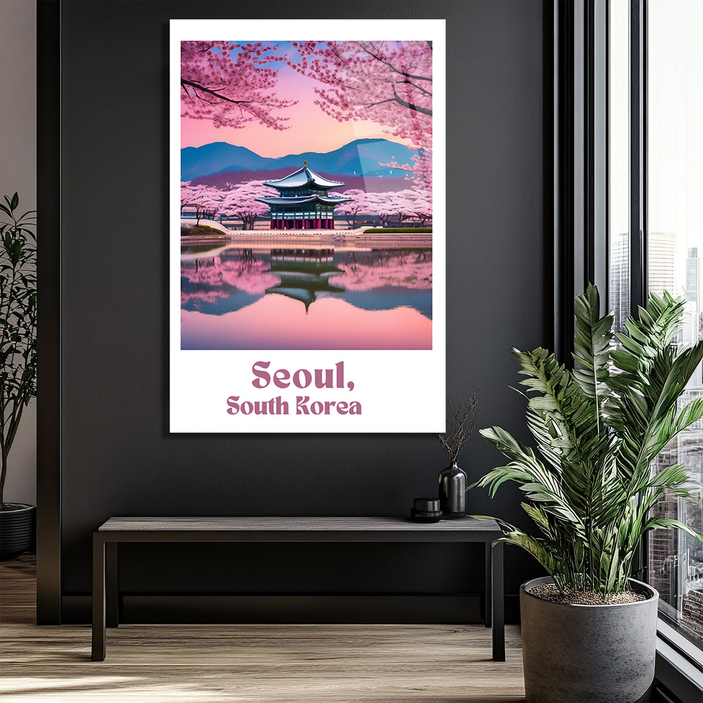 Seul Sakura Manzarası Cam Tablo - Kore Baharı Estetiği