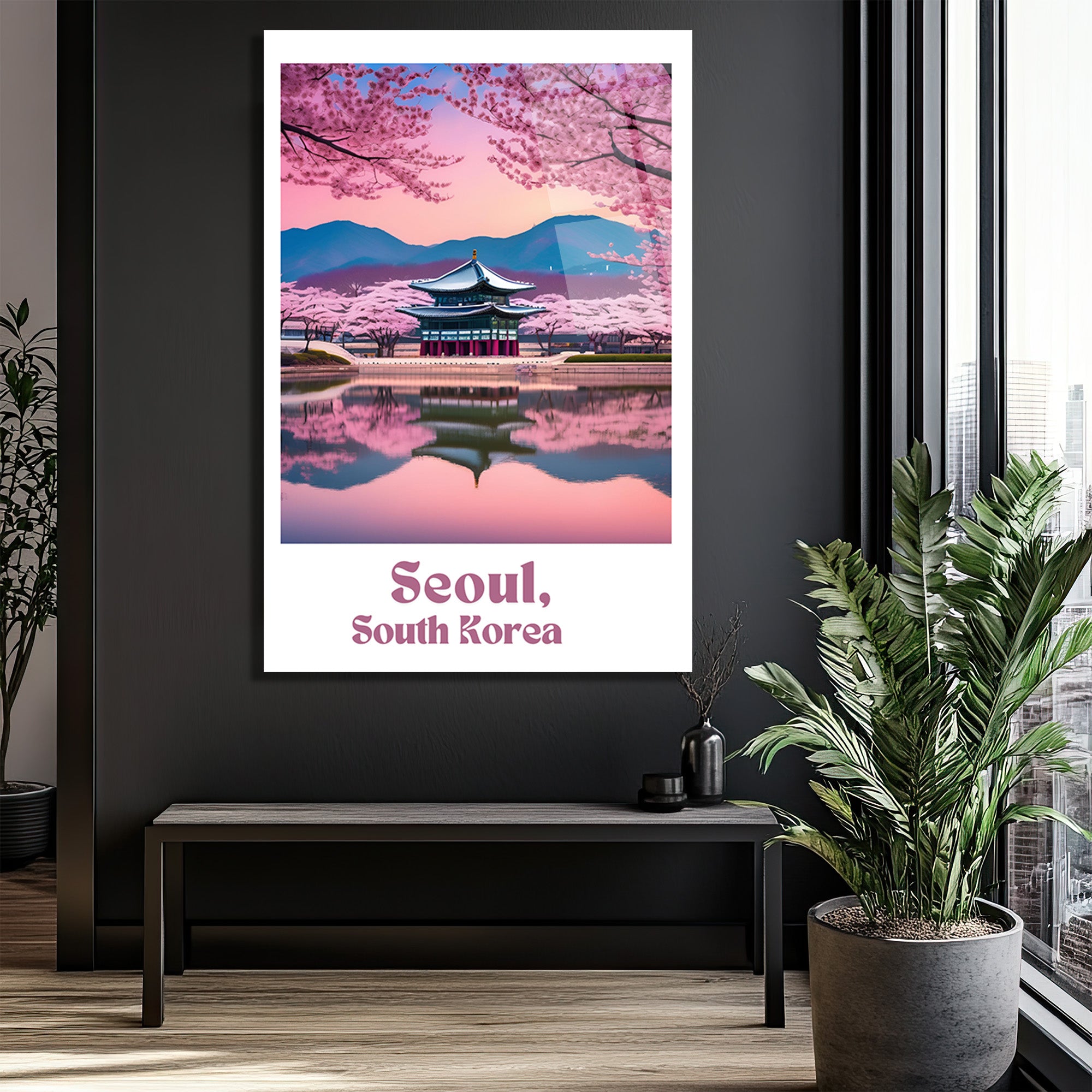 Seul Sakura Manzarası Cam Tablo - Kore Baharı Estetiği