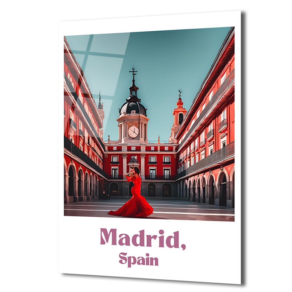 Madrid Plaza Mayor Kırmızı Elbiseli Kadın Cam Tablo