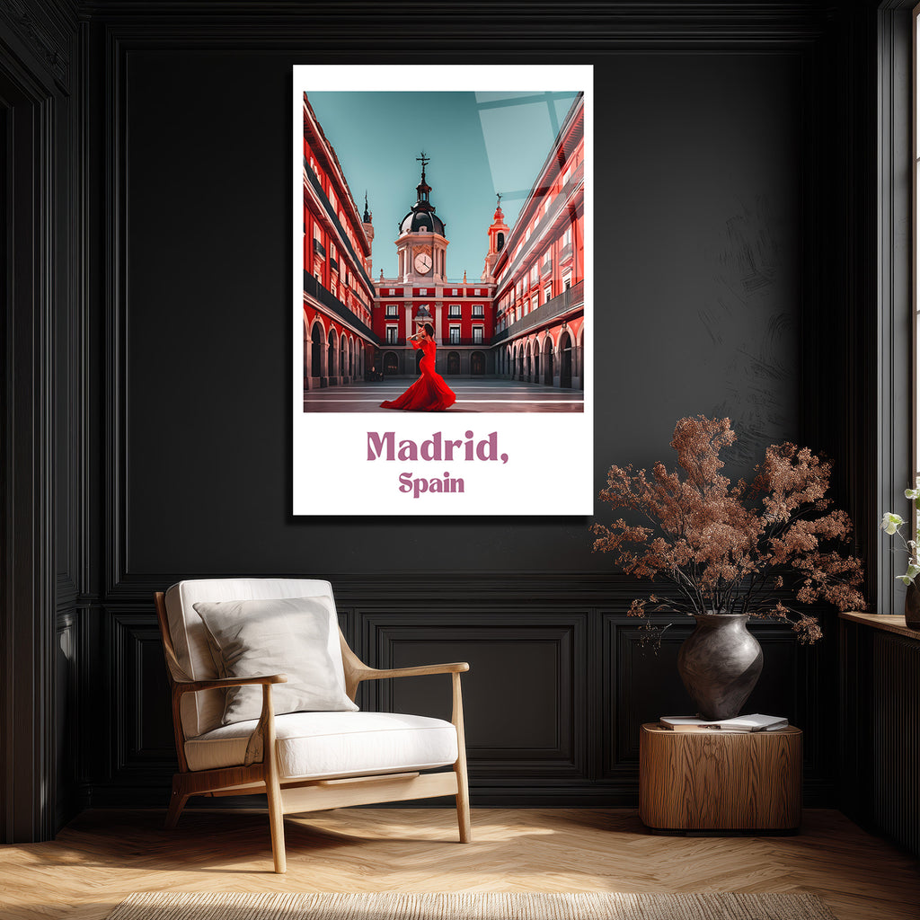 Madrid Plaza Mayor Kırmızı Elbiseli Kadın Cam Tablo