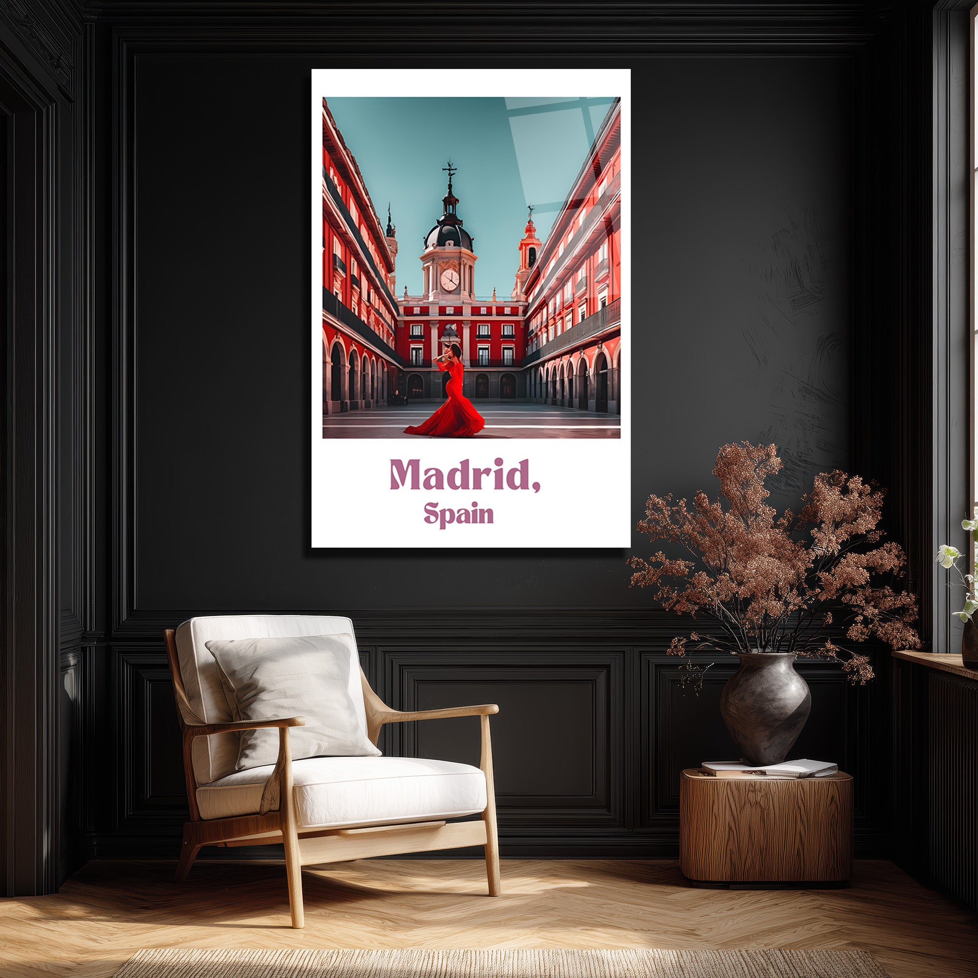 Madrid Plaza Mayor Kırmızı Elbiseli Kadın Cam Tablo