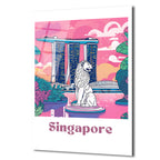 Singapur Merlion Marina Bay Sands Manzaralı Pembe Cam Tablo