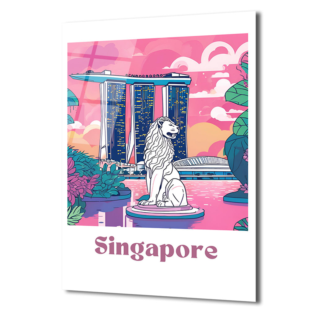 Singapur Merlion Marina Bay Sands Manzaralı Pembe Cam Tablo