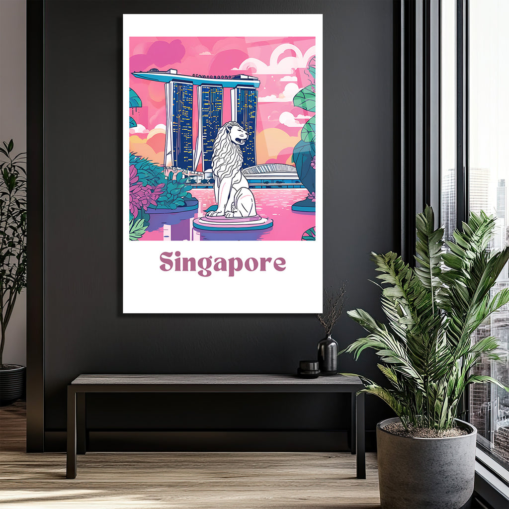 Singapur Merlion Marina Bay Sands Manzaralı Pembe Cam Tablo