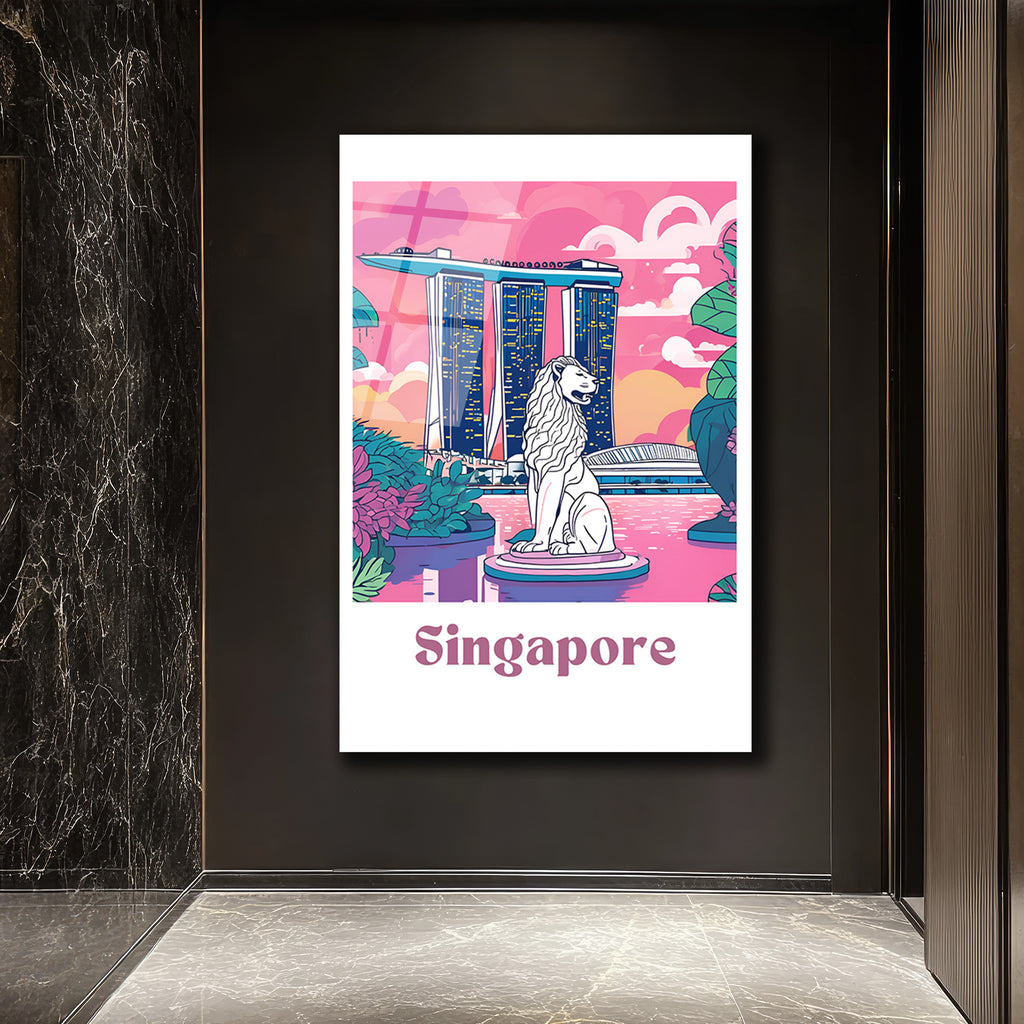Singapur Merlion Marina Bay Sands Manzaralı Pembe Cam Tablo