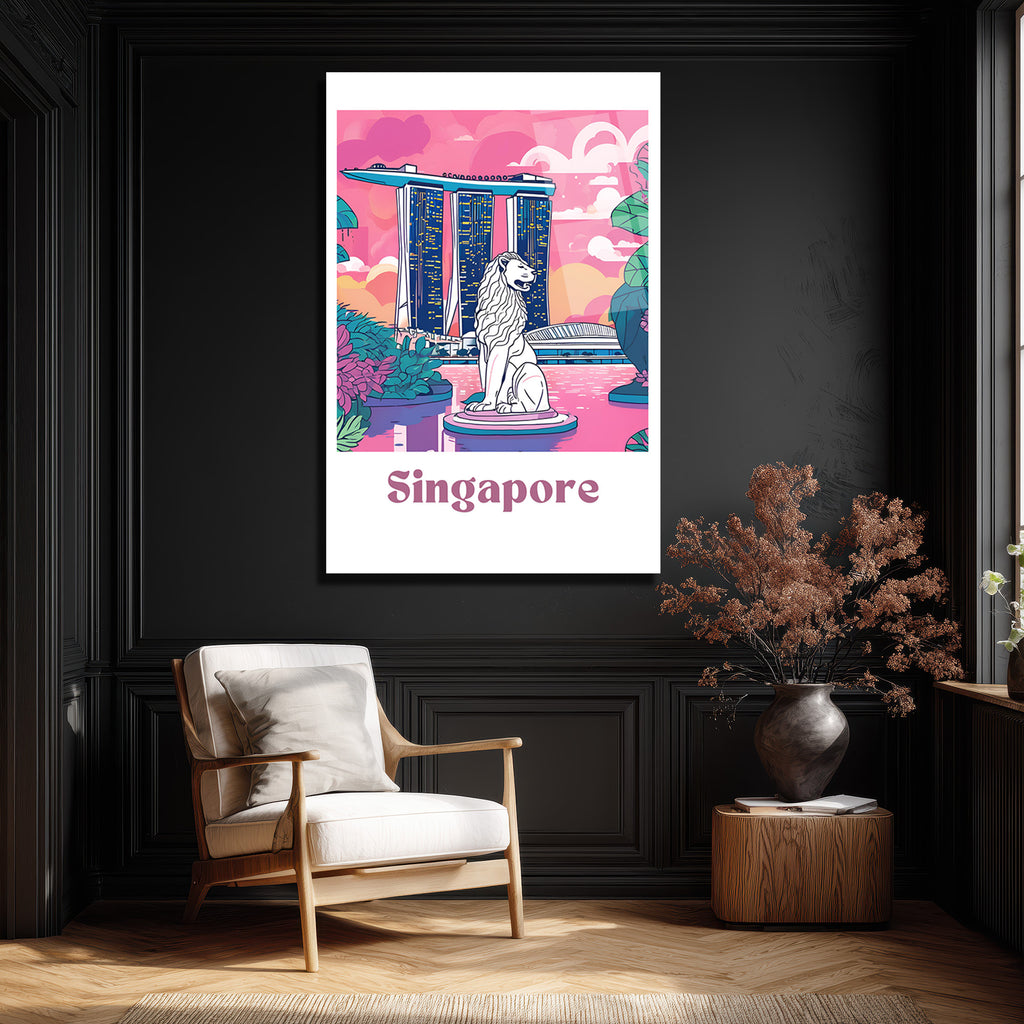 Singapur Merlion Marina Bay Sands Manzaralı Pembe Cam Tablo