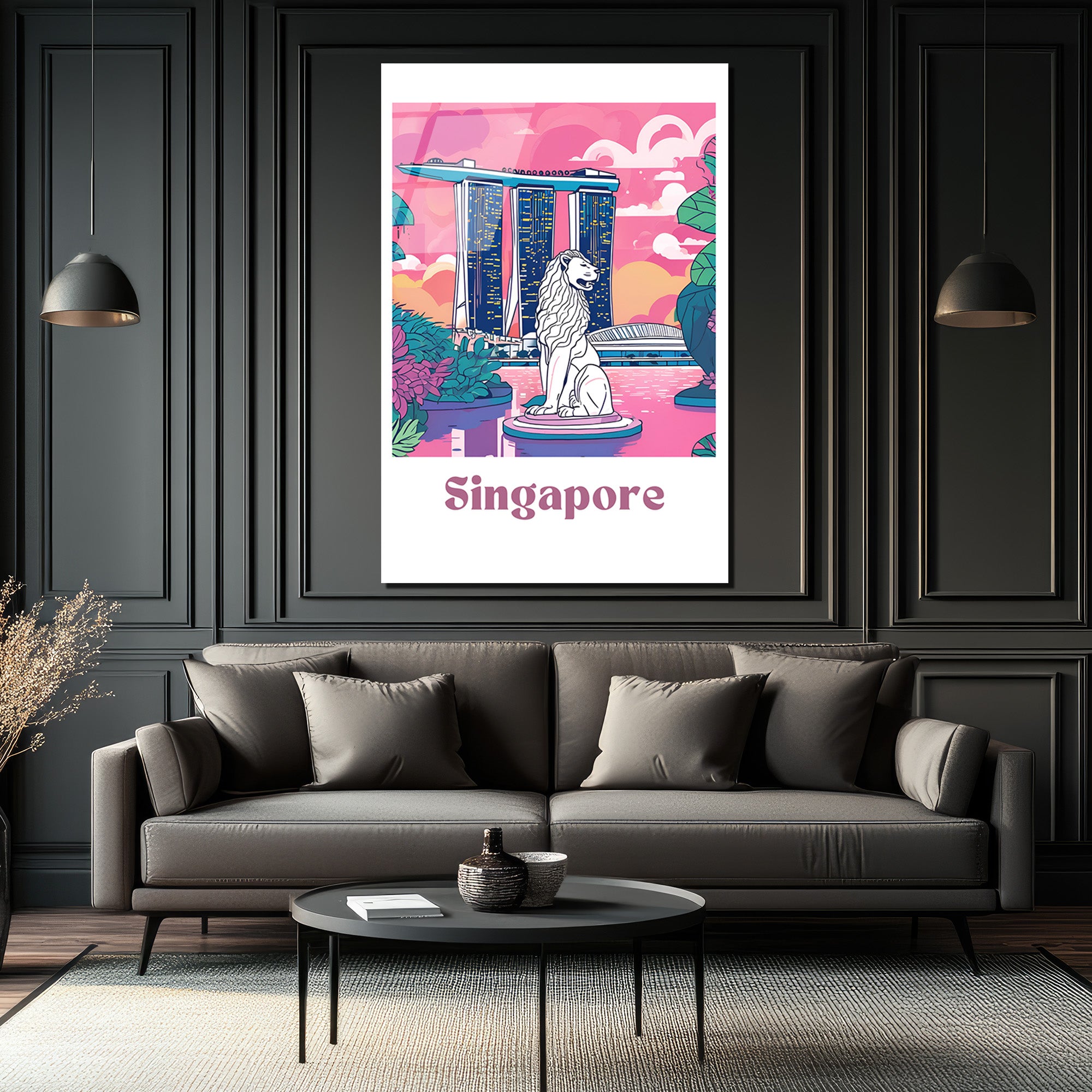 Singapur Merlion Marina Bay Sands Manzaralı Pembe Cam Tablo