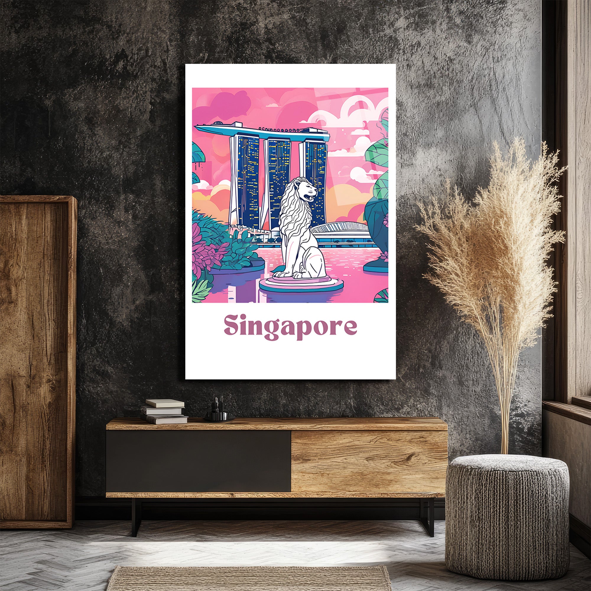 Singapur Merlion Marina Bay Sands Manzaralı Pembe Cam Tablo