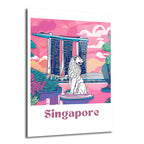 Singapur'un Merlion heykelini ve Marina Bay Sands otelini pembe, mor ve mavi tonlarında modern illüstrasyon stilinde gösteren cam tablo. Arka planda bulutlu gökyüzü ve tropik bitkiler bulunmaktadır.
