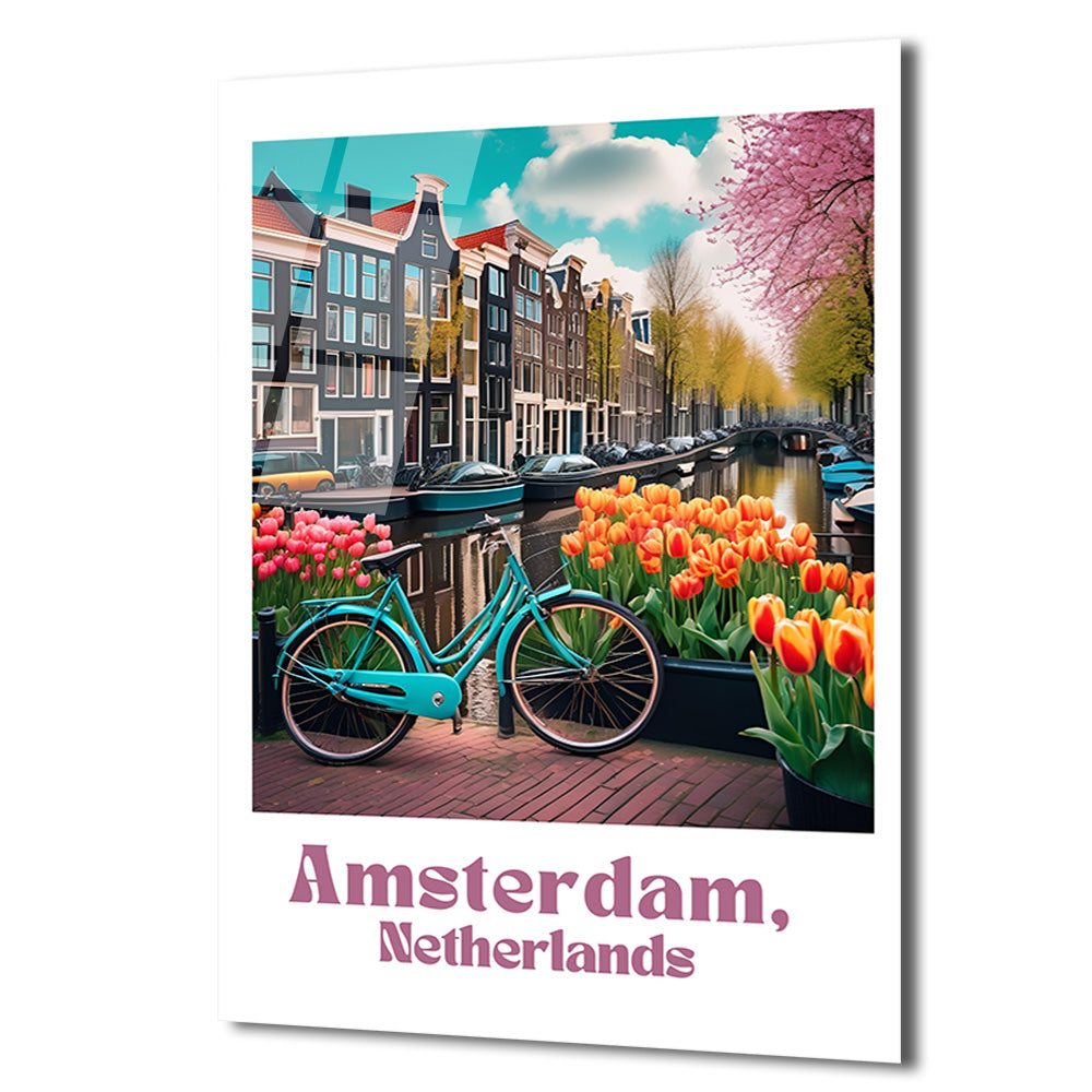 Amsterdam Baharı Lale ve Bisiklet Cam Tablo