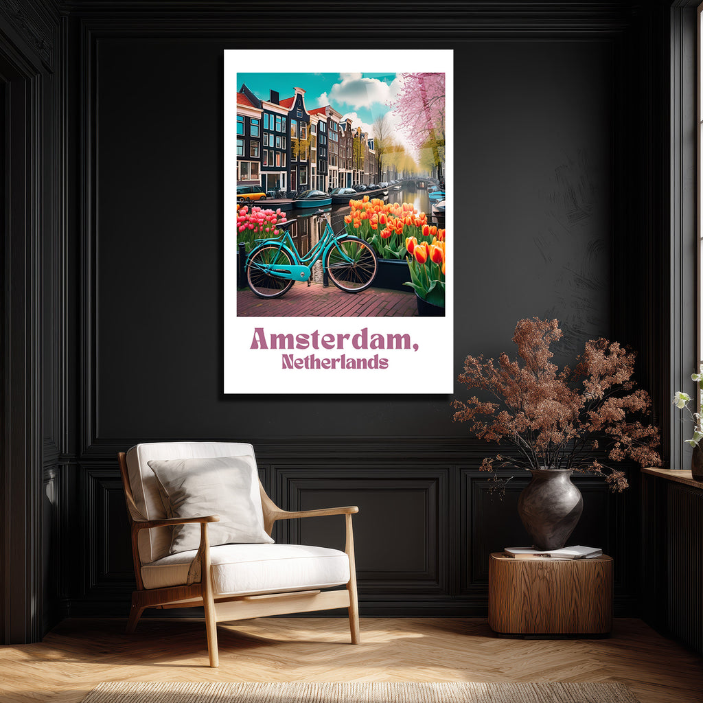 Amsterdam Baharı Lale ve Bisiklet Cam Tablo