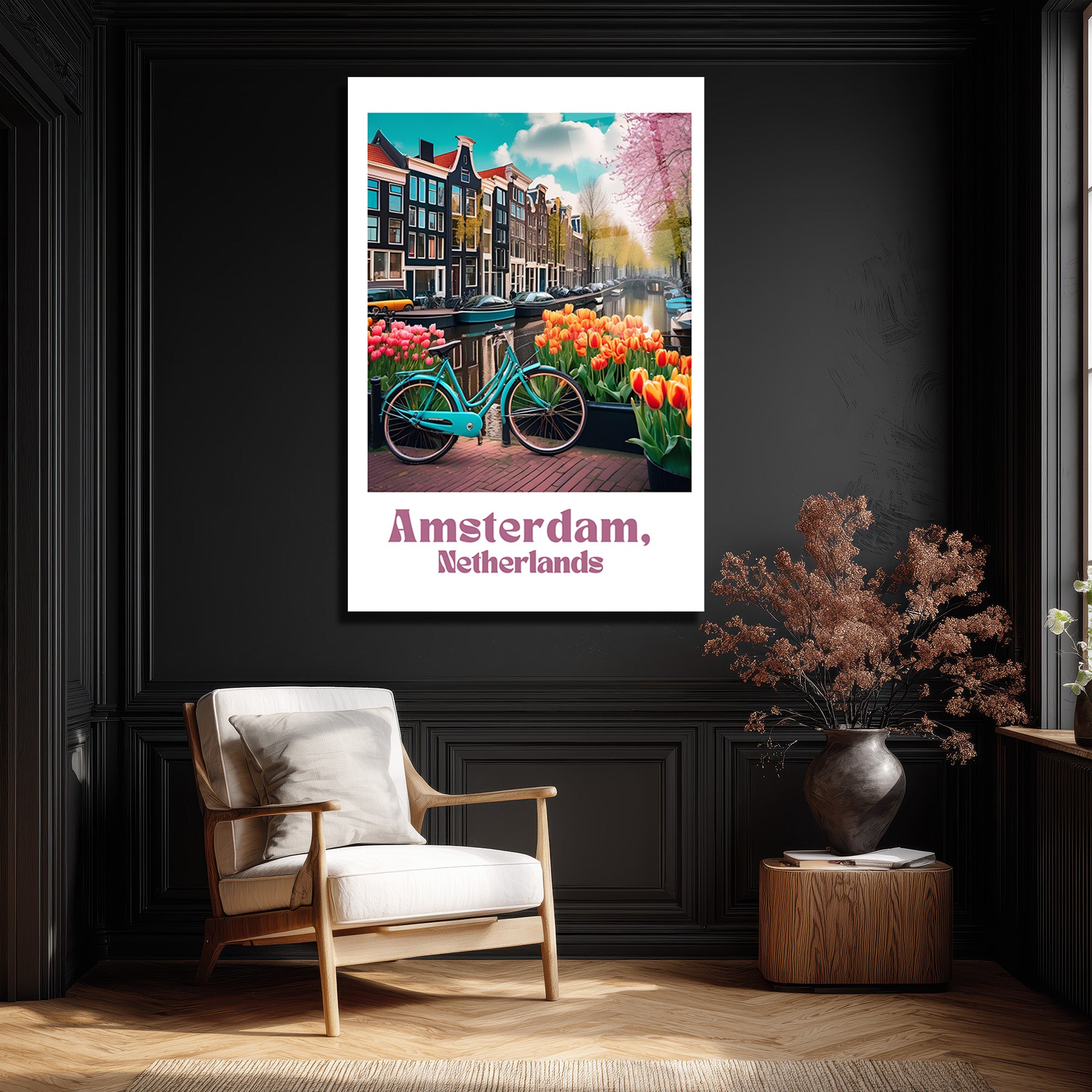Amsterdam Baharı Lale ve Bisiklet Cam Tablo