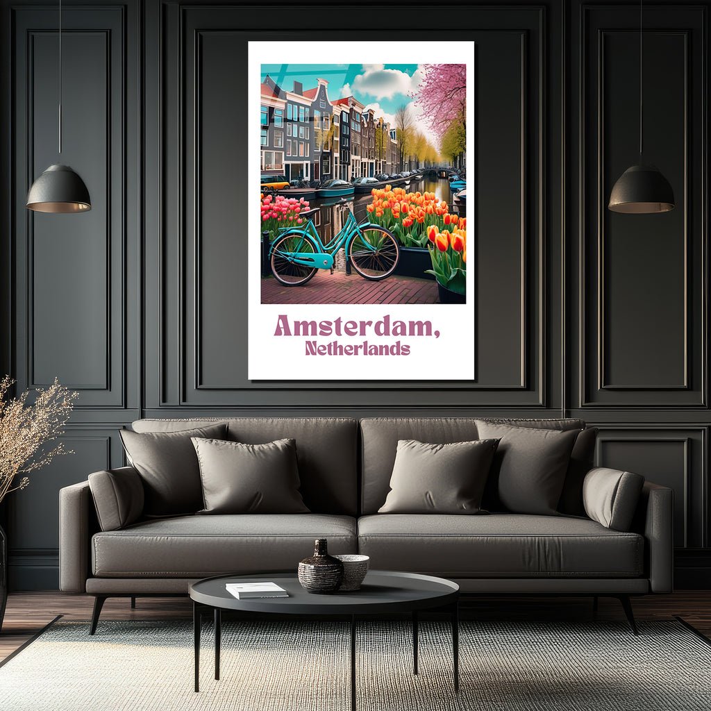 Amsterdam Baharı Lale ve Bisiklet Cam Tablo