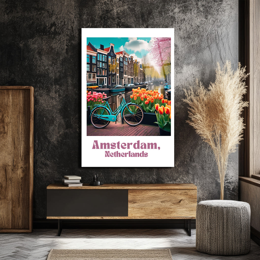 Amsterdam Baharı Lale ve Bisiklet Cam Tablo