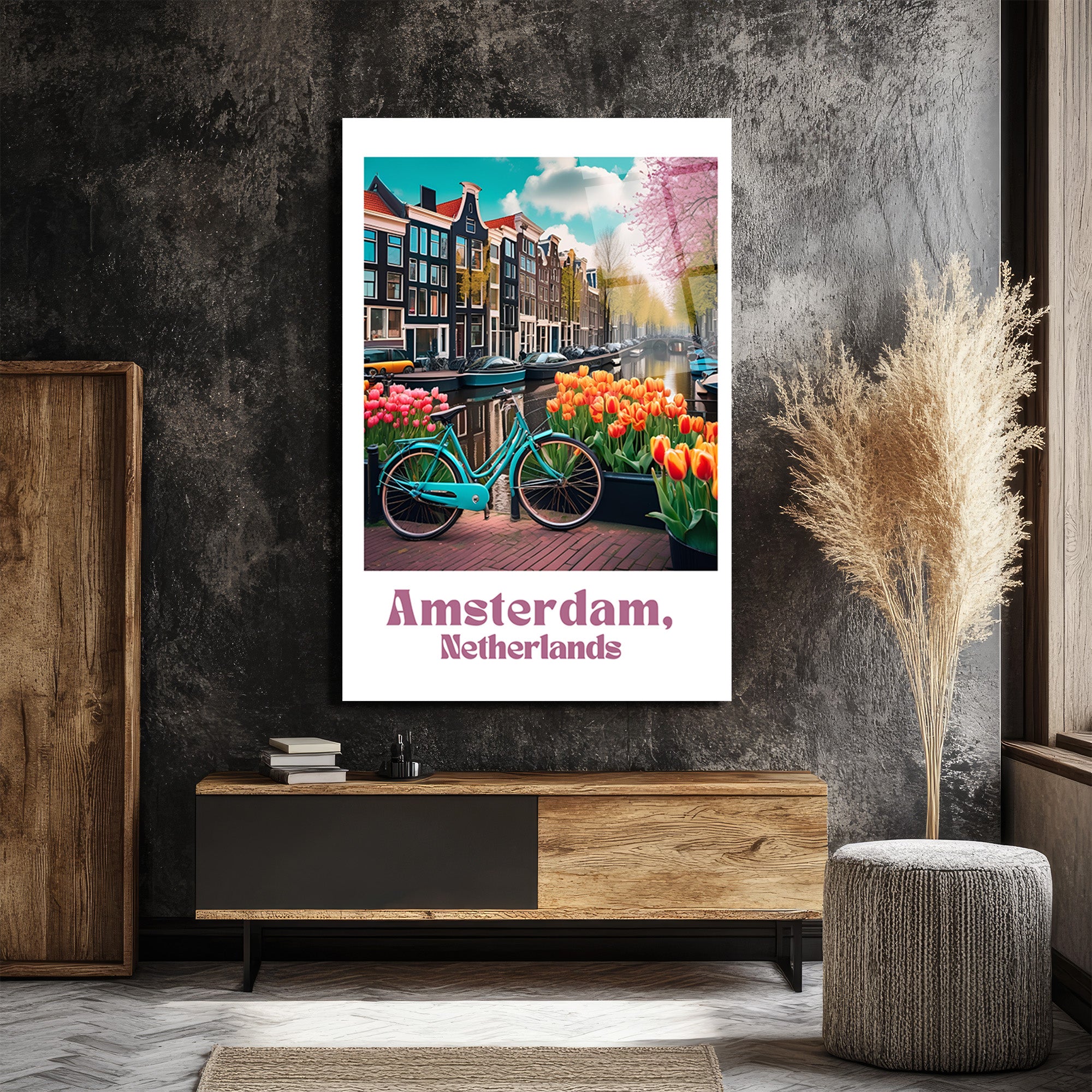Amsterdam Baharı Lale ve Bisiklet Cam Tablo