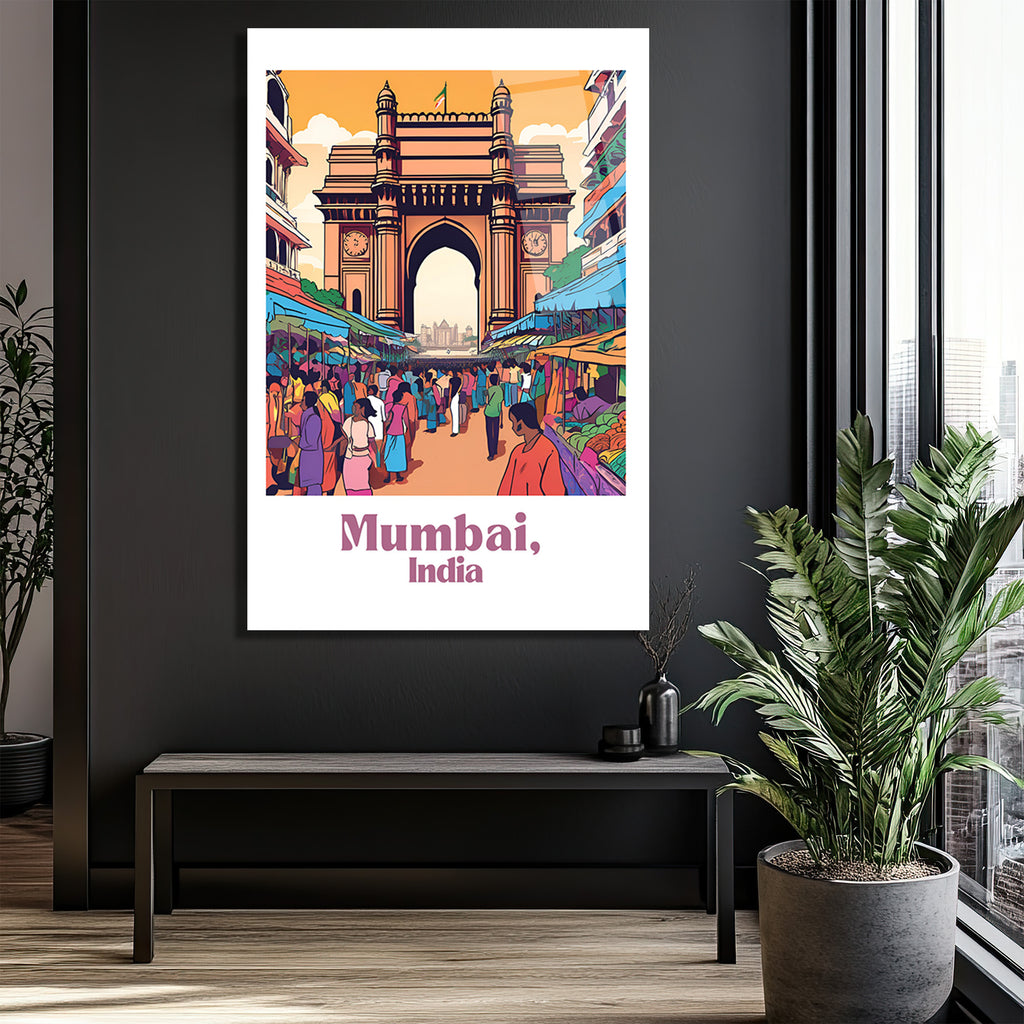 Mumbai Pazarı Enerjisi Cam Tablo | Hindistan Seyahat Sanatı