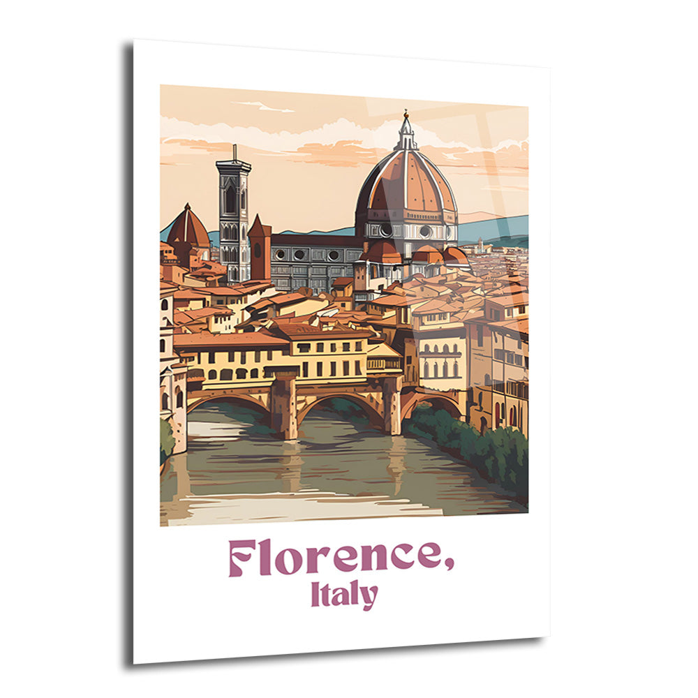 Floransa, İtalya'nın ikonik yapıları Ponte Vecchio köprüsü, Duomo Katedrali ve Giotto'nun Çan Kulesi'nin yer aldığı, nehir kenarındaki tarihi şehir manzarasını gösteren vintage tarzda bir illüstrasyon.