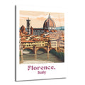 Floransa, İtalya'nın ikonik yapıları Ponte Vecchio köprüsü, Duomo Katedrali ve Giotto'nun Çan Kulesi'nin yer aldığı, nehir kenarındaki tarihi şehir manzarasını gösteren vintage tarzda bir illüstrasyon.