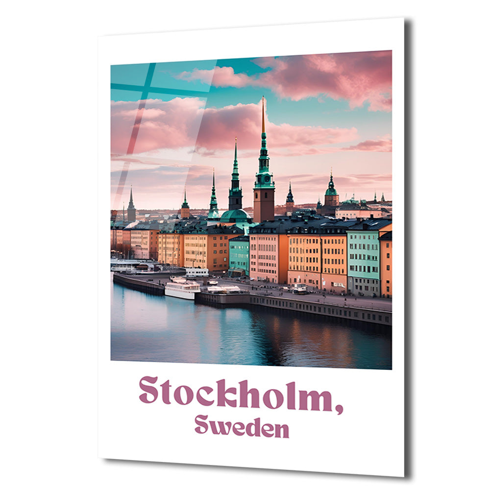 Stockholm İsveç Manzarası Cam Tablo – Pastel Renklerle Şehir Sanatı