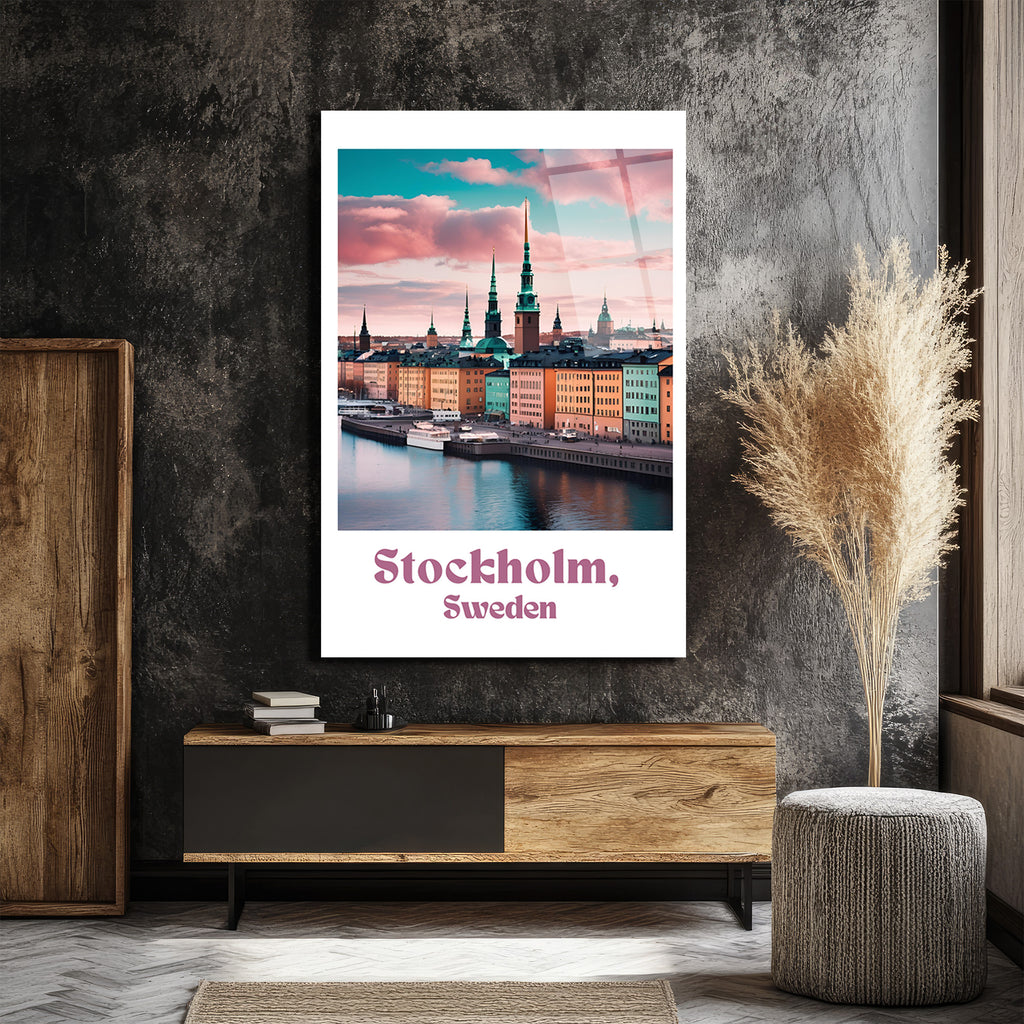 Stockholm İsveç Manzarası Cam Tablo – Pastel Renklerle Şehir Sanatı