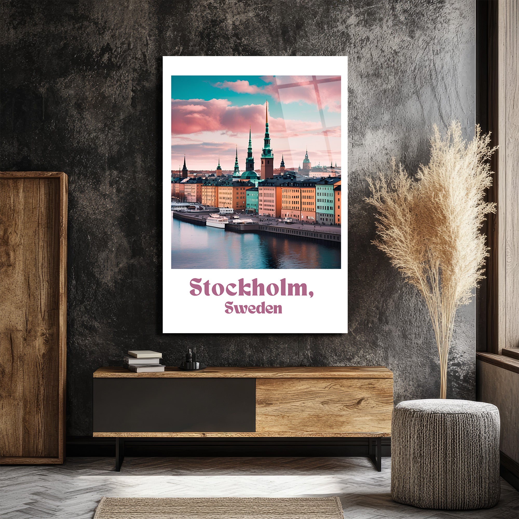 Stockholm İsveç Manzarası Cam Tablo – Pastel Renklerle Şehir Sanatı