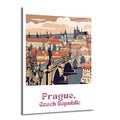 Prag'ın simgesi Charles Köprüsü, Vltava Nehri, heykelleri ve tarihi binaları modern illüstrasyon tarzında gösteren cam tablo. Gökyüzü bulutlu, pastel tonlar hakim.