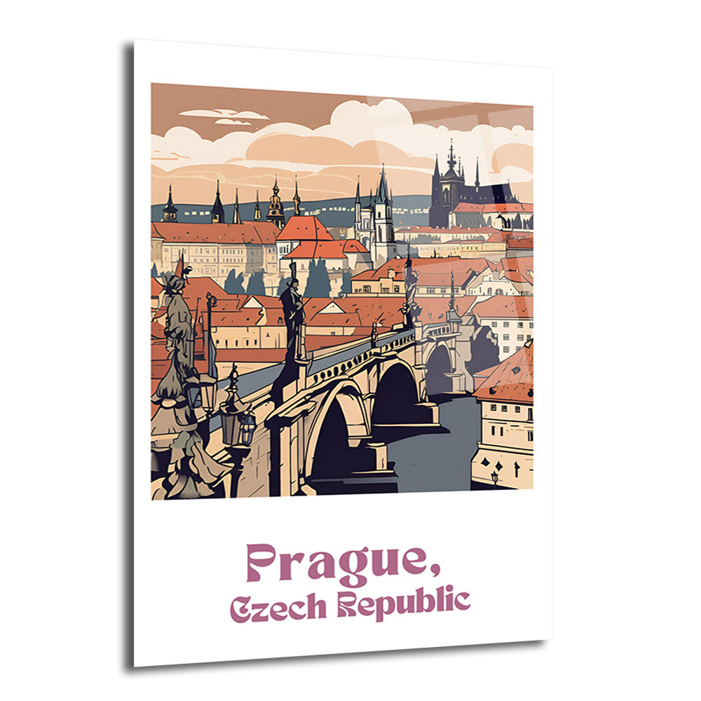 Prag'ın simgesi Charles Köprüsü, Vltava Nehri, heykelleri ve tarihi binaları modern illüstrasyon tarzında gösteren cam tablo. Gökyüzü bulutlu, pastel tonlar hakim.