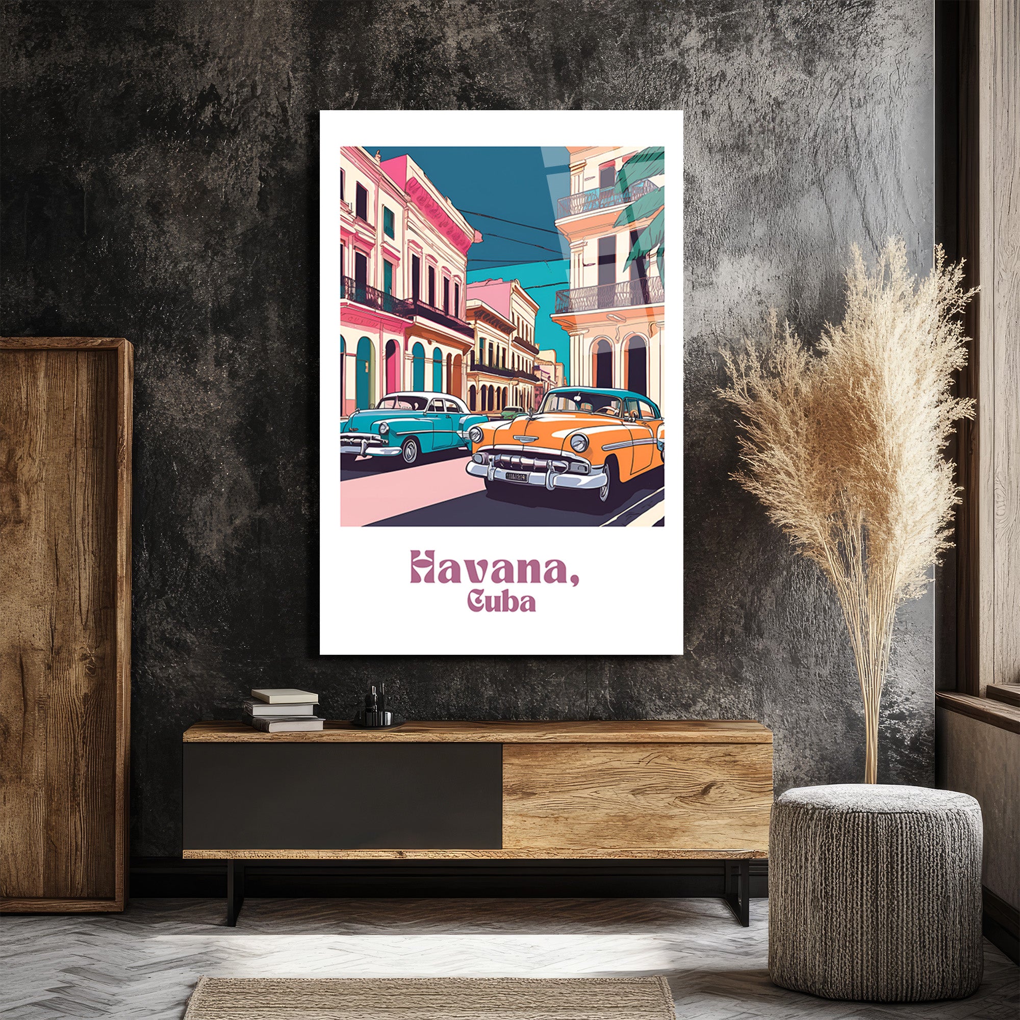 Havana Rüyası: Vintage Küba Sokakları Cam Tablo