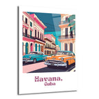 Canlı renklerle çizilmiş, Küba'nın Havana şehrinde iki klasik arabanın (biri turkuaz, diğeri turuncu) park ettiği, pastel tonlarda tarihi binaların sıralandığı bir sokak manzarasını gösteren cam tablo. Alt kısımda 'Havana, Cuba' yazısı bulunuyor.