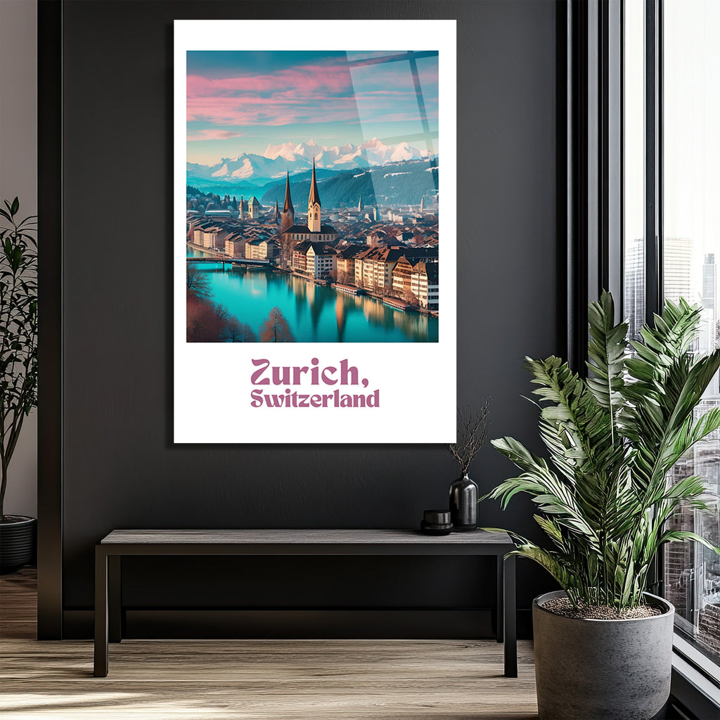 Zürih İsviçre Manzarası Cam Tablo | Alp Dağları ve Nehir Temalı Modern Sanat
