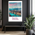Zürih İsviçre Manzarası Cam Tablo | Alp Dağları ve Nehir Temalı Modern Sanat