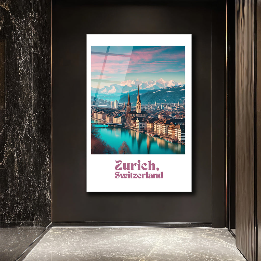Zürih İsviçre Manzarası Cam Tablo | Alp Dağları ve Nehir Temalı Modern Sanat