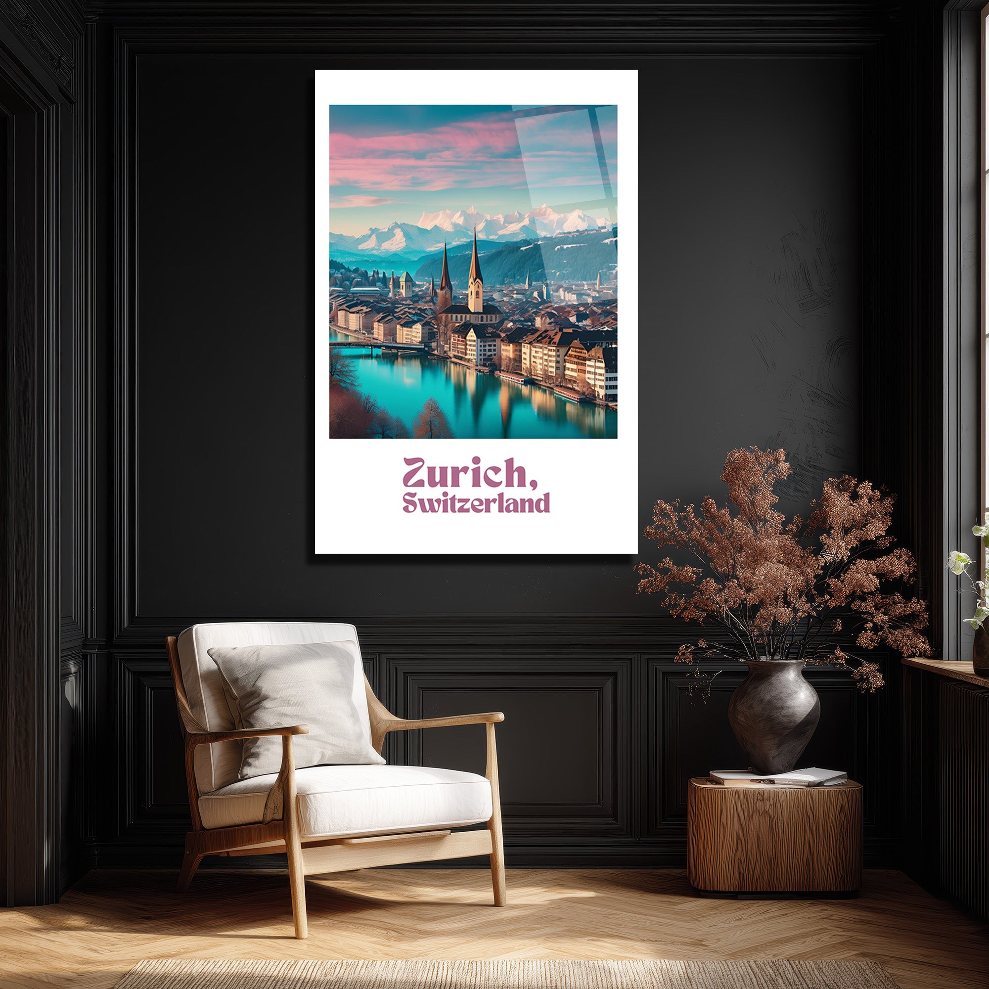 Zürih İsviçre Manzarası Cam Tablo | Alp Dağları ve Nehir Temalı Modern Sanat