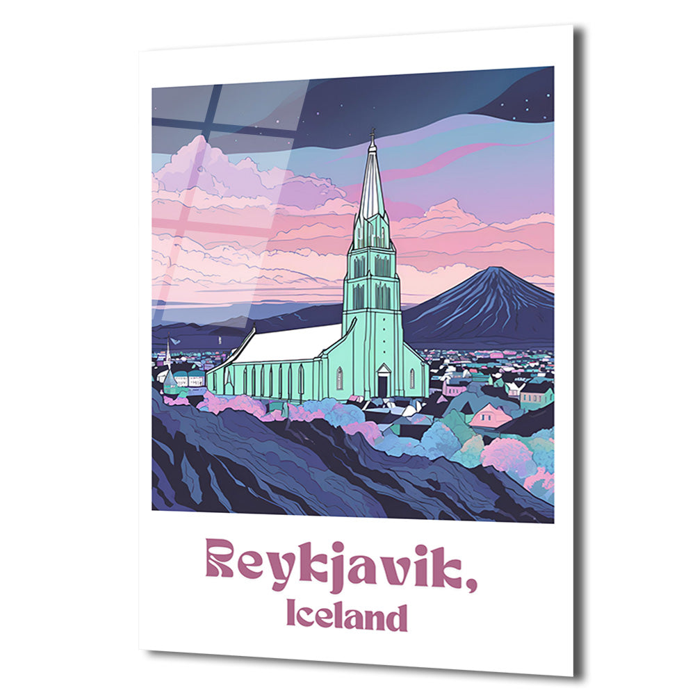 Reykjavik İzlanda Hallgrímskirkja Temalı Modern Tasarım Cam Tablo