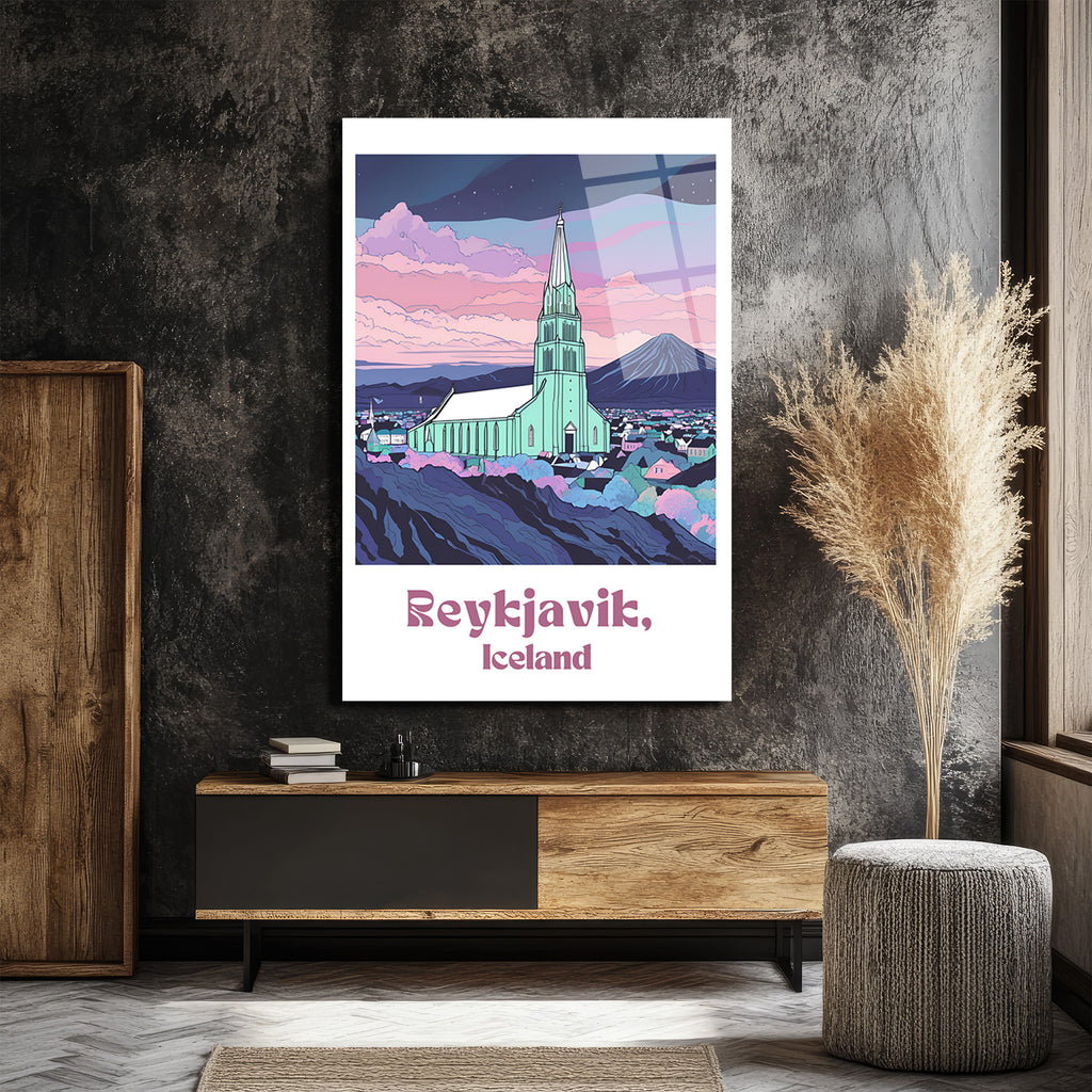 Reykjavik İzlanda Hallgrímskirkja Temalı Modern Tasarım Cam Tablo