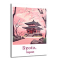 Kyoto Japonya'da pembe kiraz çiçekleri ve geleneksel bir tapınağın minimalist çizimini gösteren cam tablo. Altında 'Kyoto, Japan' yazısı bulunuyor.