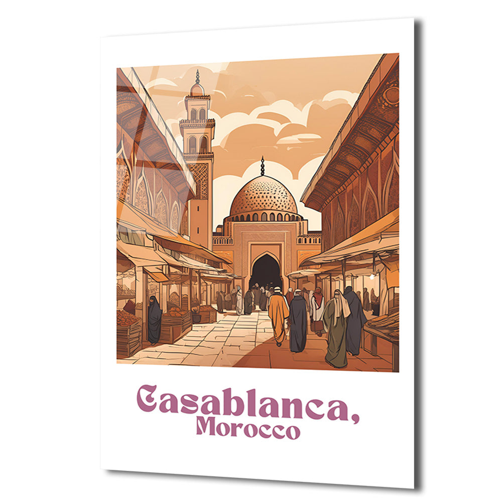 Casablanca Fas Sokakları Cam Tablo - Egzotik Seyahat Sanatı