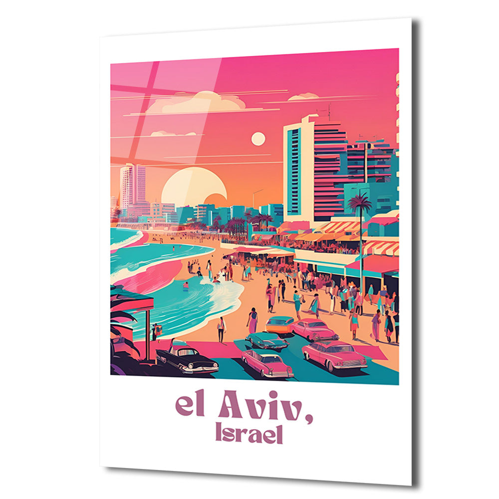 Tel Aviv Gün Batımı Retro Sahil Manzarası Cam Tablo