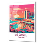 Tel Aviv Gün Batımı Retro Sahil Manzarası Cam Tablo