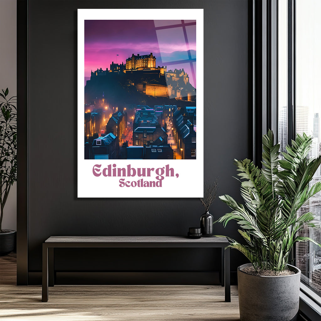 Edinburgh İskoçya Kalesi Gün Batımı Manzaralı Cam Tablo
