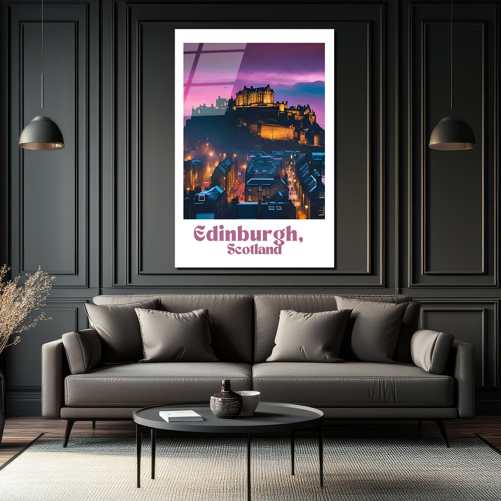 Edinburgh İskoçya Kalesi Gün Batımı Manzaralı Cam Tablo
