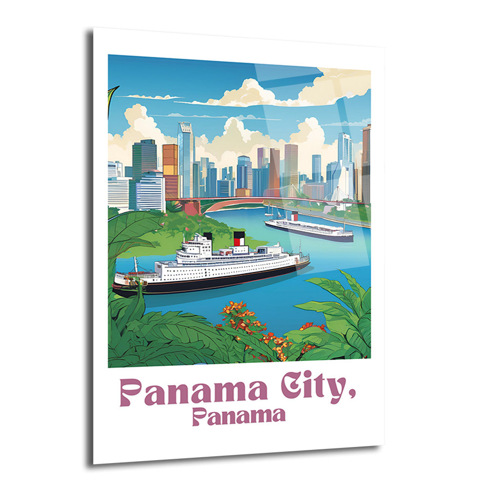 Panama City'nin modern silüeti, mavi nehirde yüzen iki büyük gemi ve ön planda yeşil tropik bitkilerle dolu canlı bir illüstrasyon cam tablo.